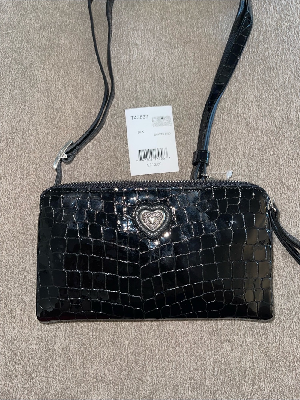 Brighton Black Croc-Embossed Crossbody with Heart Medallion